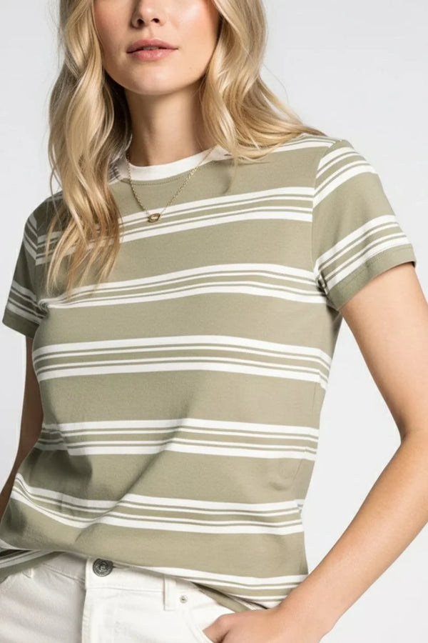 Relaxed fit short sleeve striped cotton t-shirt in olive green and white