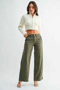 Olive green mid rise stretch twill straight leg trousers with wide legs five-pocket design and button closure