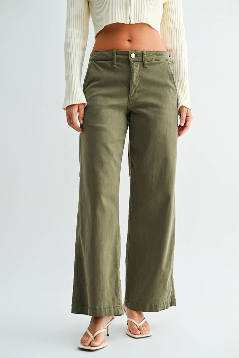 Olive green mid rise stretch twill straight leg wide-leg trousers with relaxed fit and subtle side slits