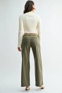 Olive green mid rise stretch twill straight leg trousers with wide legs five pockets and belt loops in front view