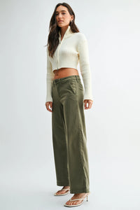 Olive green mid rise stretch twill straight leg trousers with wide-leg cut and visible side seam detailing