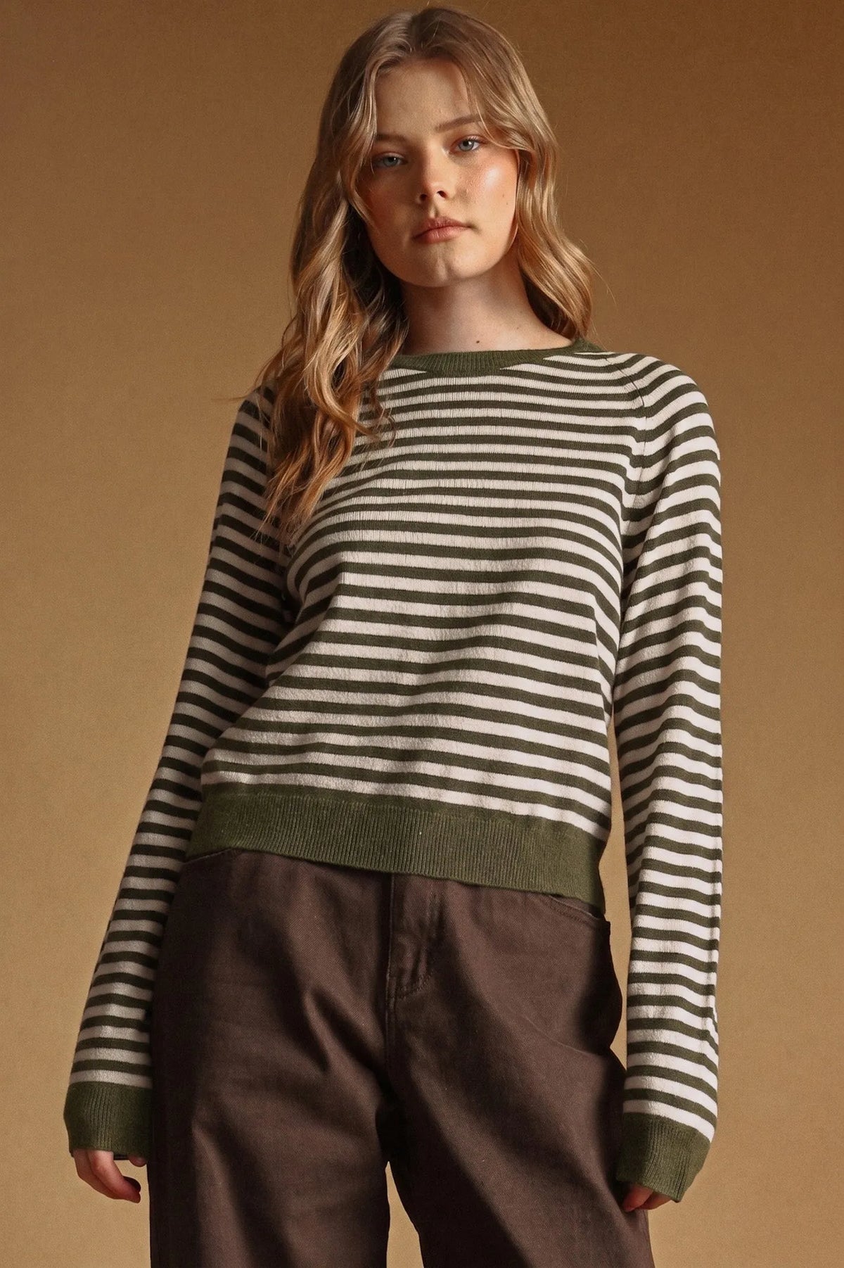 Olive and white horizontally striped round neck sweater knit with ribbed cuffs and hem for casual wear