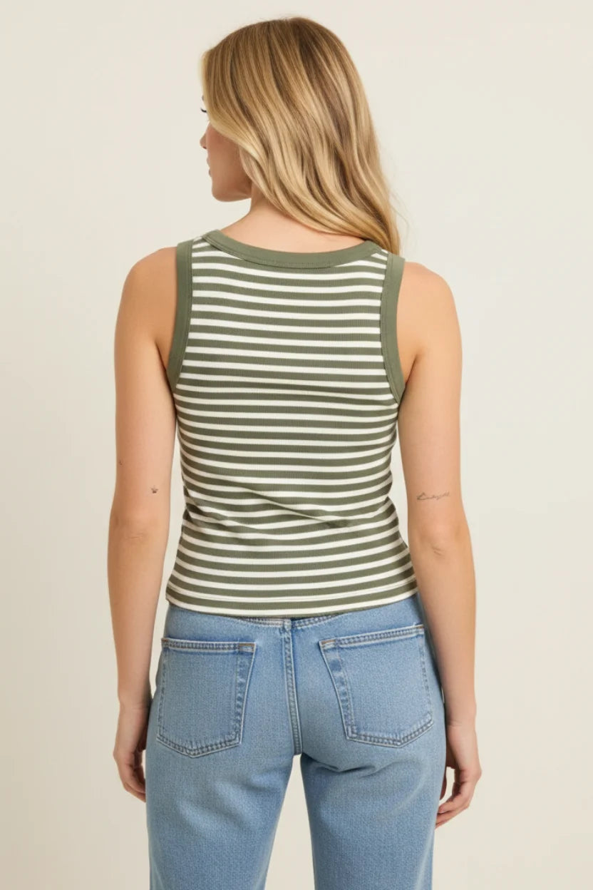 Thread & Supply Clarence tank in olive white stripes with green trim