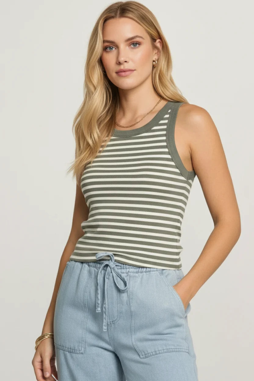 Thread & Supply Clarence tank in olive white stripes with green neckline
