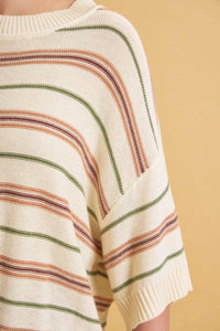 OVERSIZED CUT HALF SLEEVE STRIPED SWEATER