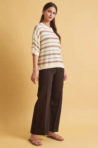 OVERSIZED CUT HALF SLEEVE STRIPED SWEATER