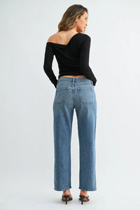A pair of light-wash denim mid rise classic straight leg jeans showing the back with classic pockets
