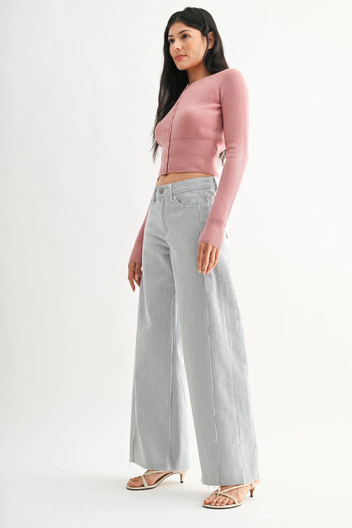 Mid rise side stripe wide leg denim jeans in light gray and white soft denim fabric with vertical stripe wide leg design
