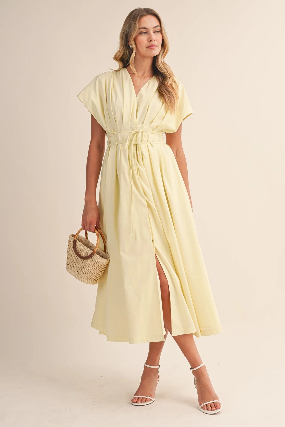 Poplin Short Sleeve Pleated Belted Maxi Dress BUTTER / LARGE