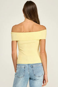 A pale yellow off shoulder ribbed fitted top with a slim silhouette and ribbed texture for casual wear