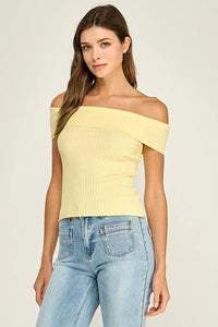 A pale yellow off shoulder ribbed fitted top with a slim silhouette and ribbed texture for a stylish look