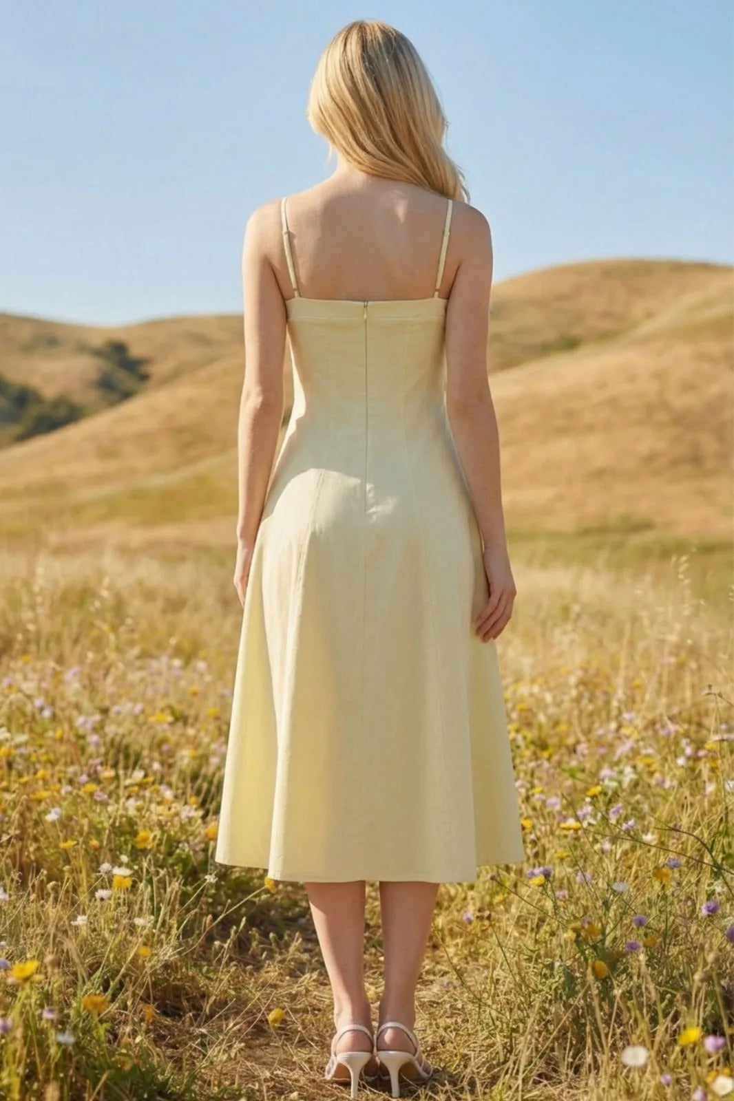 A pale yellow sleeveless pleated a-line midi dress with thin straps and fitted bodice perfect for formal occasions