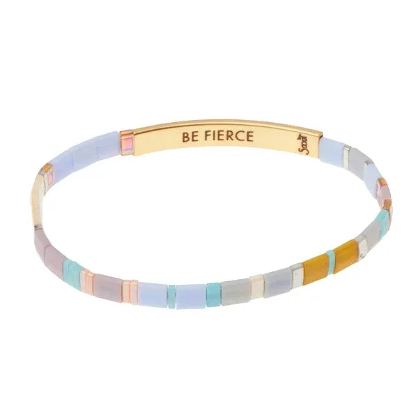 Pastel-colored good karma miyuki bracelet with gold-toned bar inscribed be fierce and japanese glass miyuki beads