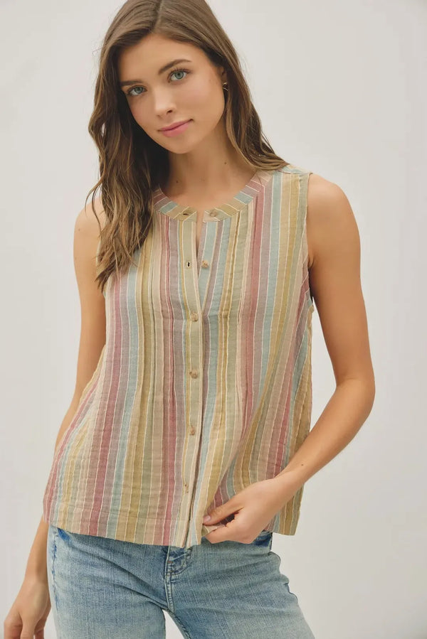 Multi-color striped gauze sleeveless top with button front and subtle texture in pastel tones