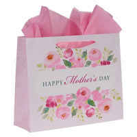 Pink floral-themed mother’s day landscape gift bag with watercolor design and matching tissue paper inside