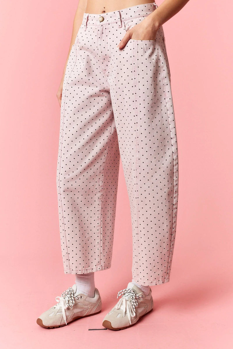 Mineral washed polka dot barrel pants back view with pink polka-dots