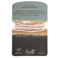 Pink rose quartz natural gemstone stone wrap bracelet with silver accents on a branded card by Scout Curated Wears