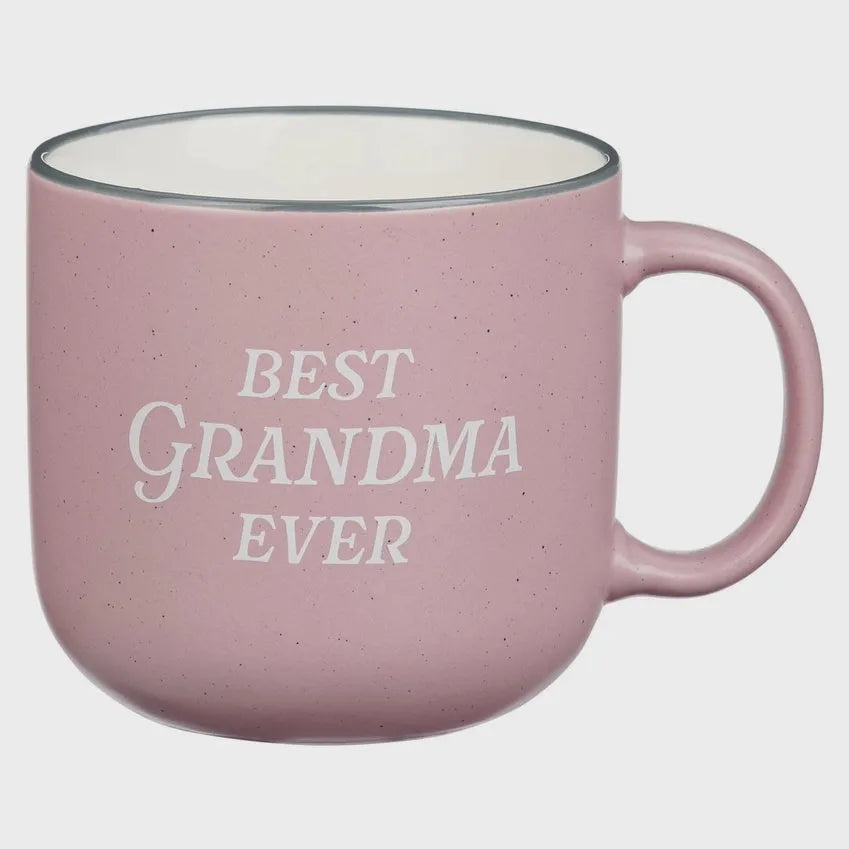 A pink speckled ceramic mug with silver rim and best grandma printed in white from shop daisy