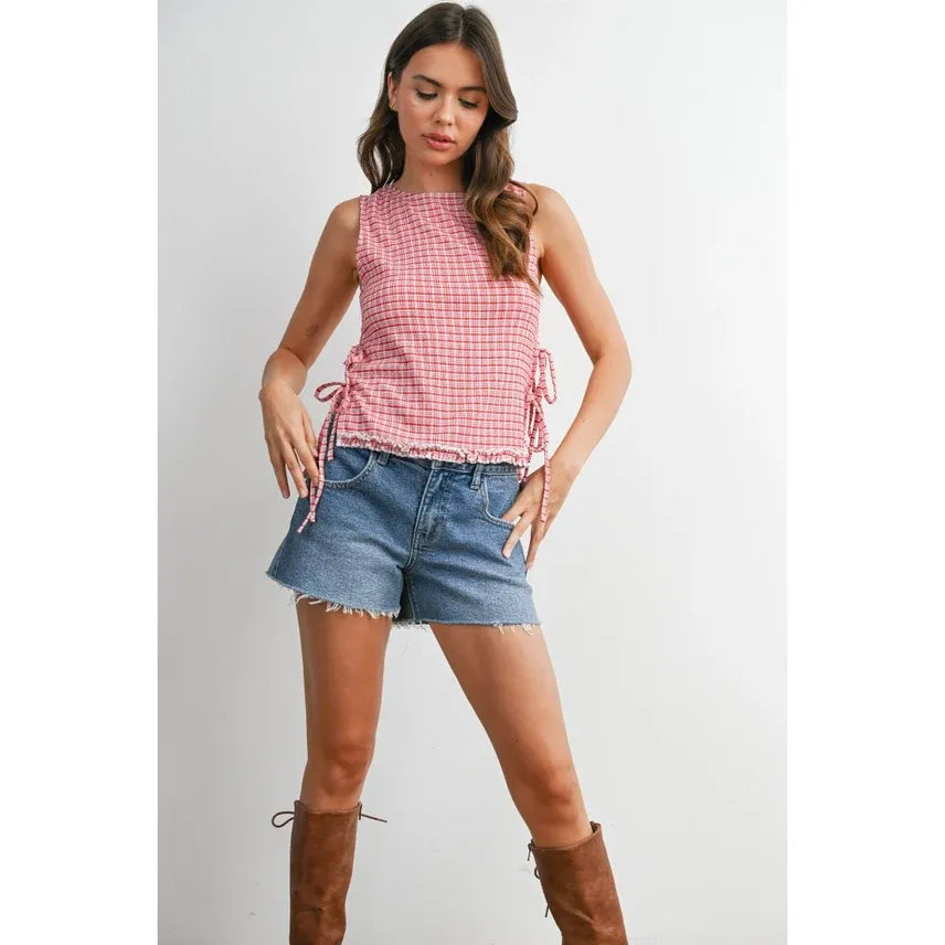 Pink and white checkered ladder lace sleeveless top with frayed hem and side ties for casual wear