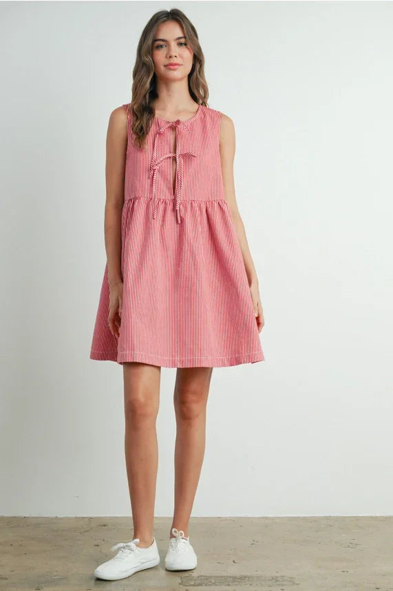 Mini red stripe bowknot dress: pink white striped sleeveless tie-front