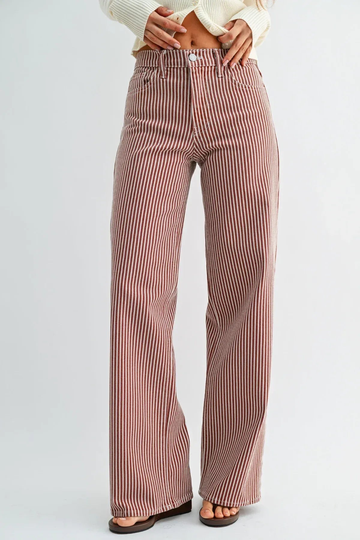 High rise relaxed wide leg denim jeans in pink and white vertical stripes with wide leg denim fit