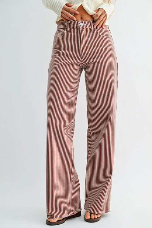 High rise relaxed wide leg denim jeans in pink and white vertical stripes with wide leg denim fit