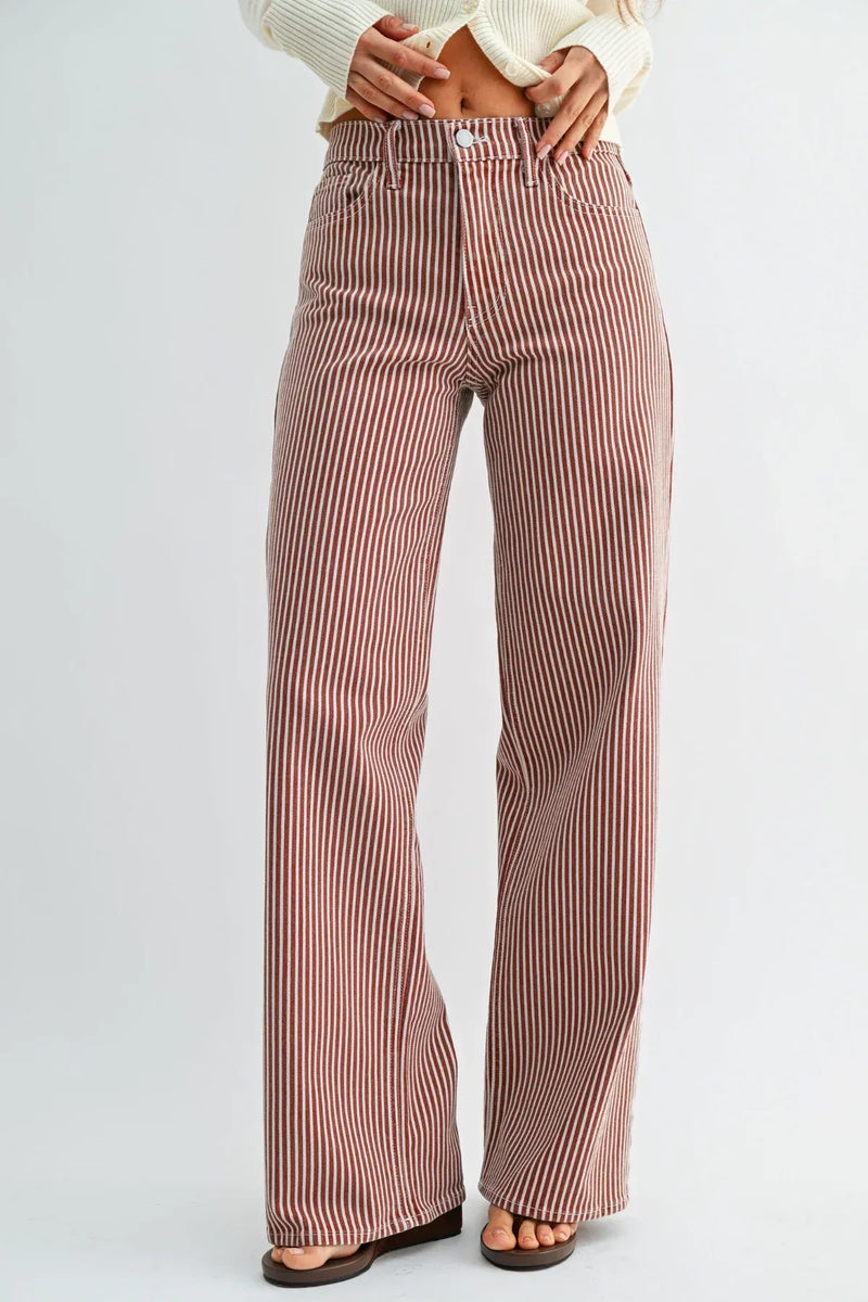 High rise relaxed wide leg denim jeans in pink and white vertical stripes with wide leg denim fit