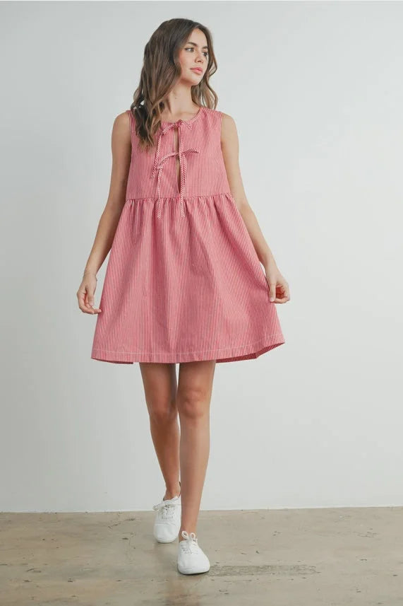 Mini red stripe bowknot dress with pink white vertical stripes