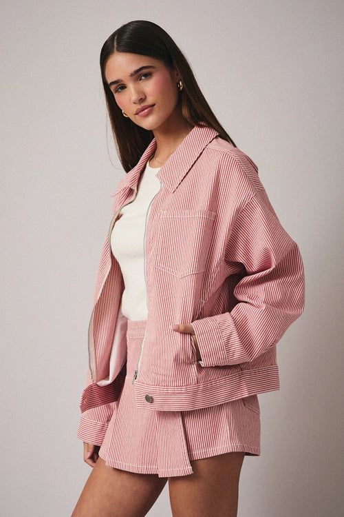 Pink and white stripe twill zip up bomber jacket with shorts
