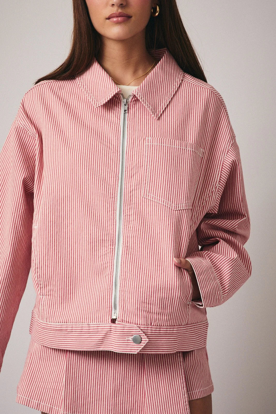 Pink and white stripe twill zip bomber jacket with front zipper