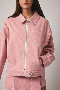 Pink and white stripe twill zip bomber jacket with front zipper