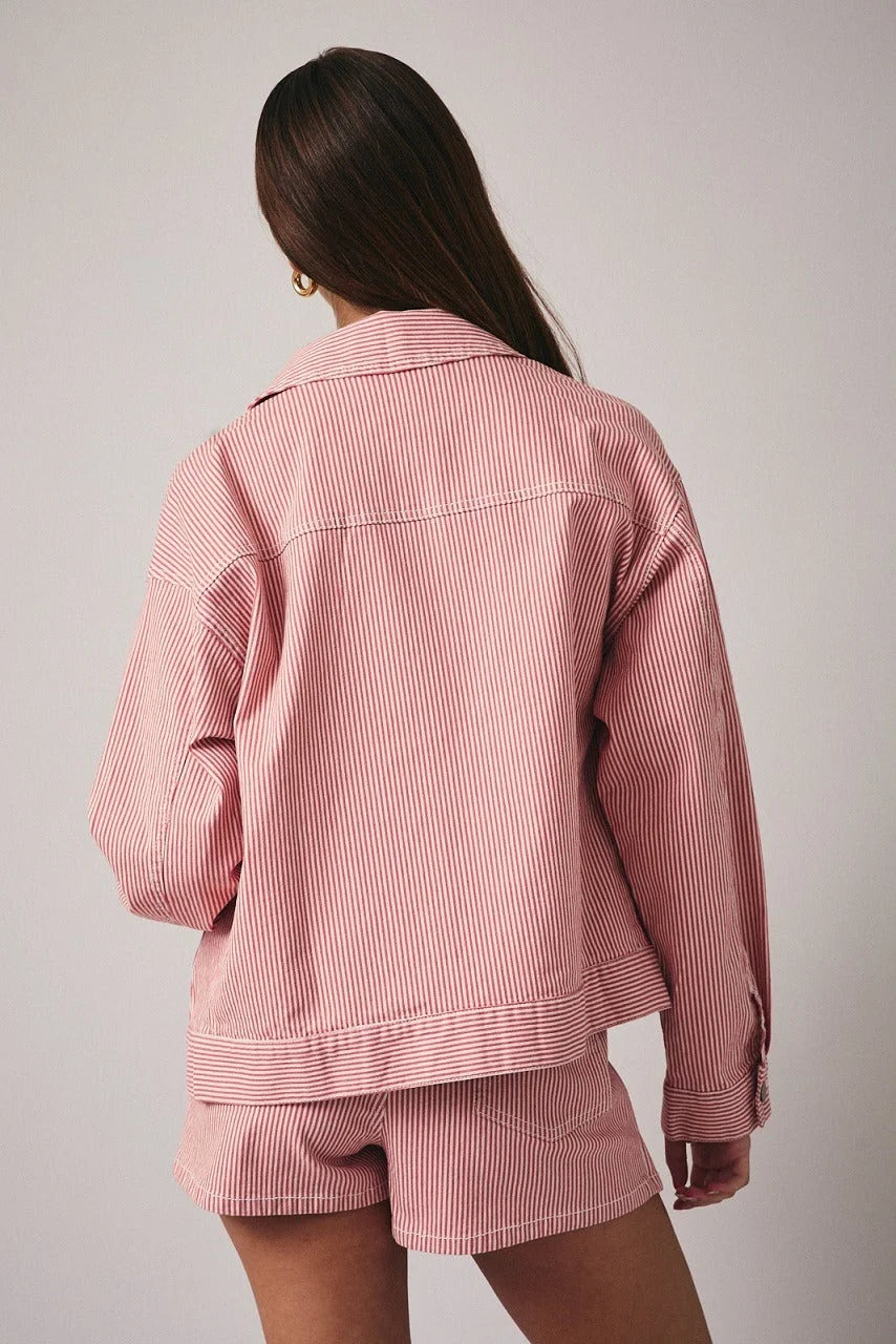 Pink and white stripe twill zip bomber jacket in denim