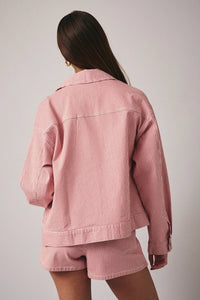 Pink and white stripe twill zip bomber jacket in denim