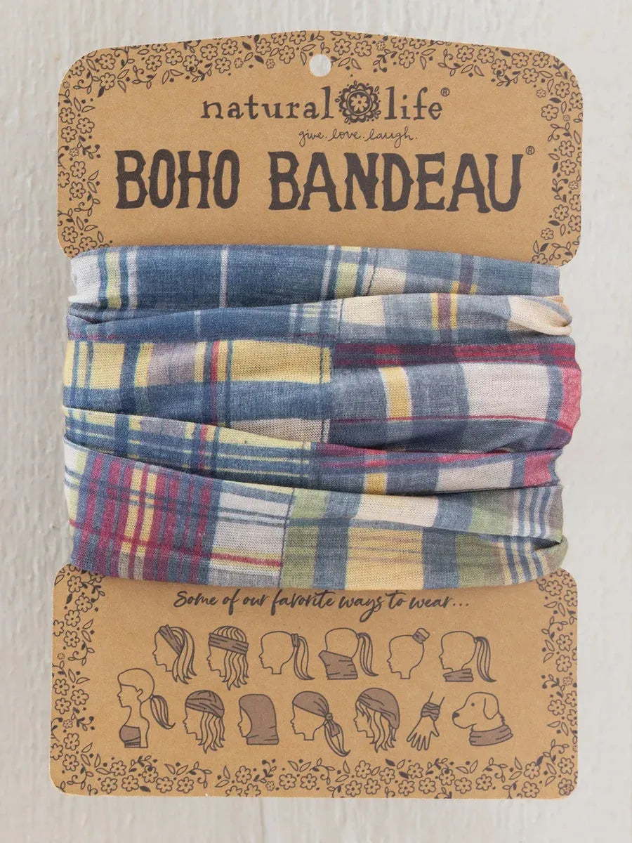 Full boho bandeau headband in greenfield madras multi featuring a soft cotton blend with blue yellow and red stripes