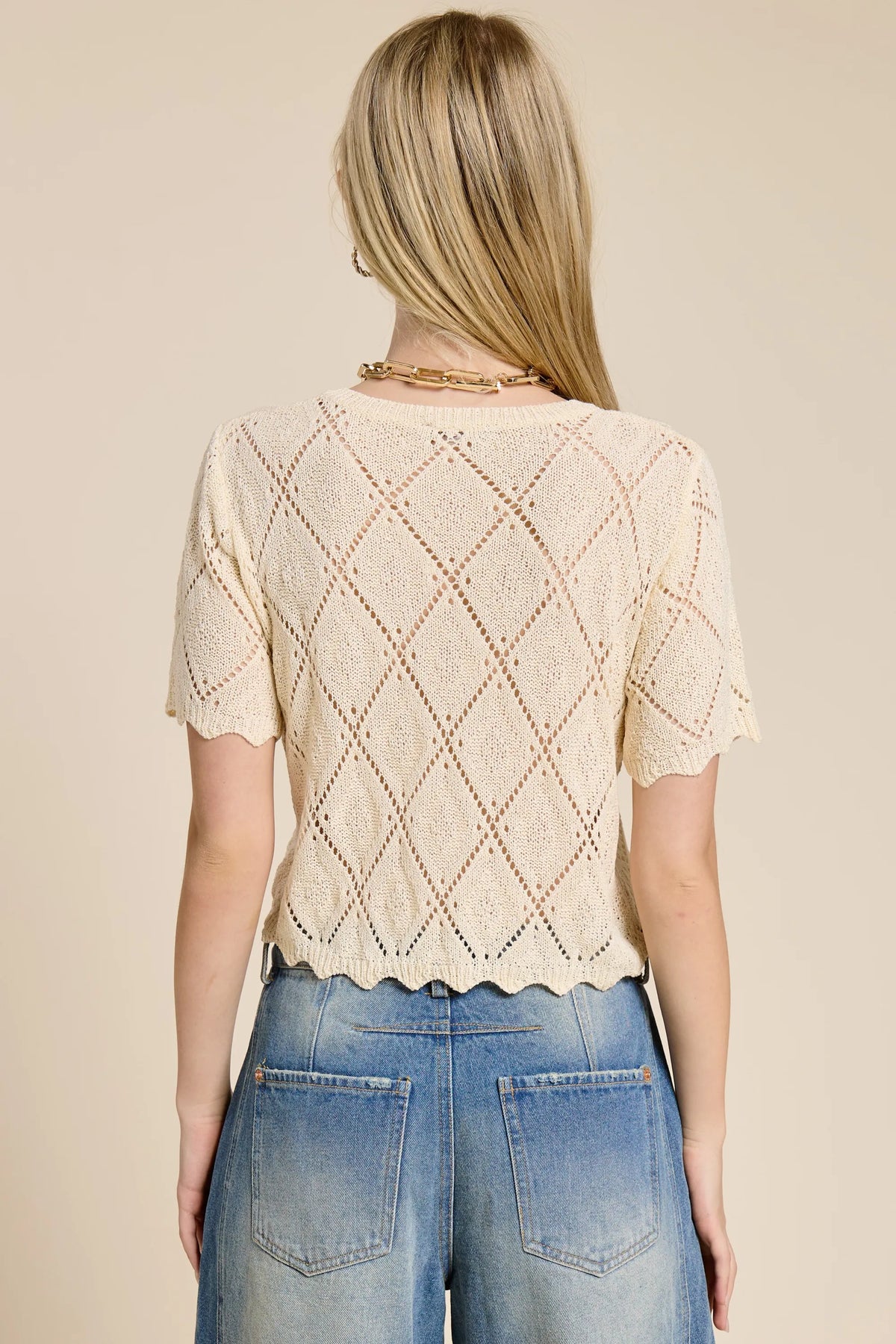 POINTELLE KNIT SHORT SLEEVE CARDIGAN