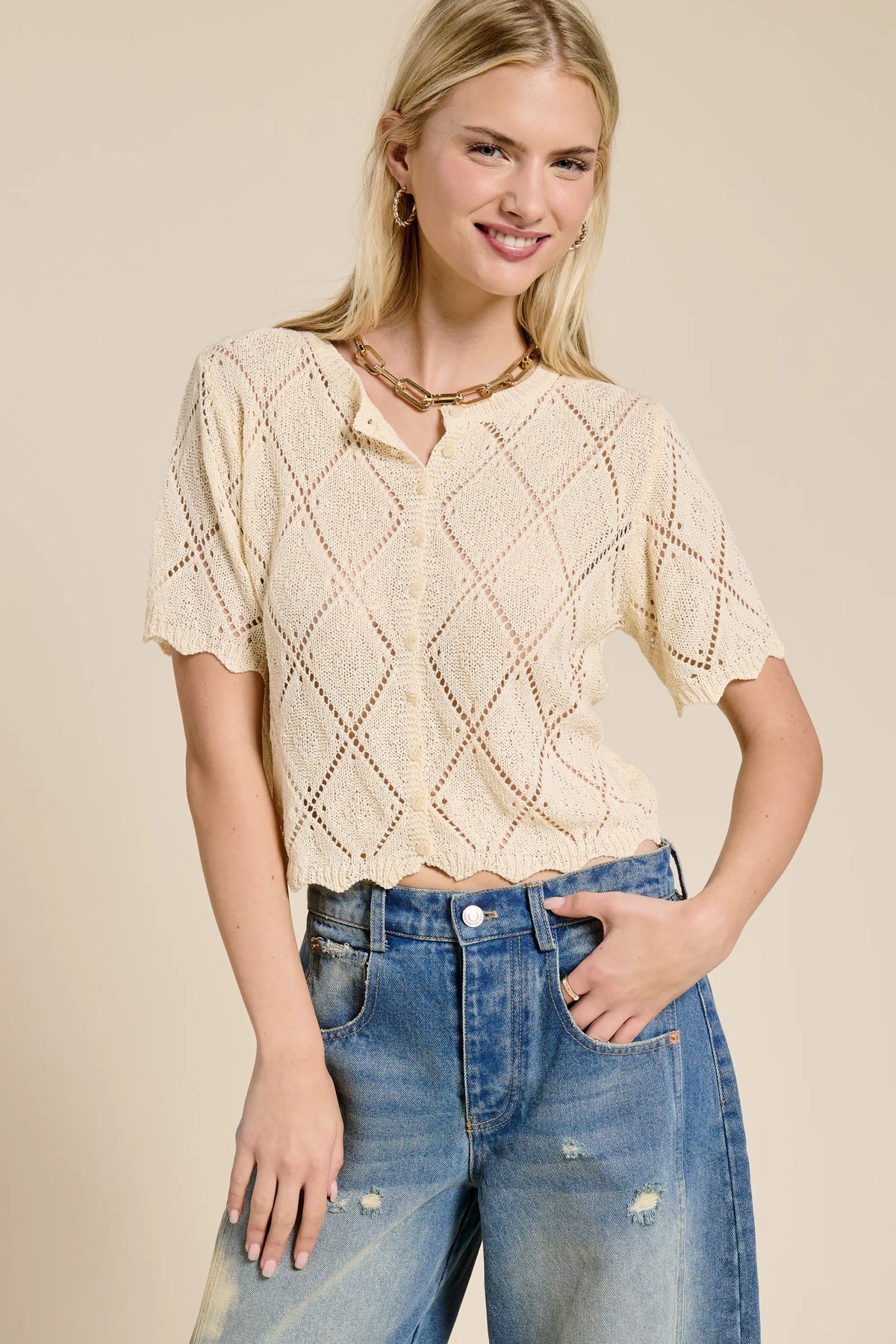 POINTELLE KNIT SHORT SLEEVE CARDIGAN