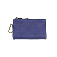 Purple leather bobbie bifold wallet with removable brass carabiner zipper and joy susan logo detail