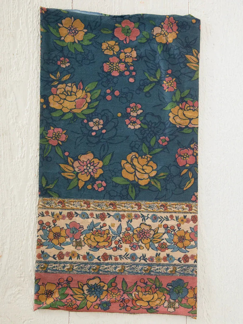 Rectangular full boho bandeau headband in riviera batik blue with dark teal fabric and vibrant floral pattern