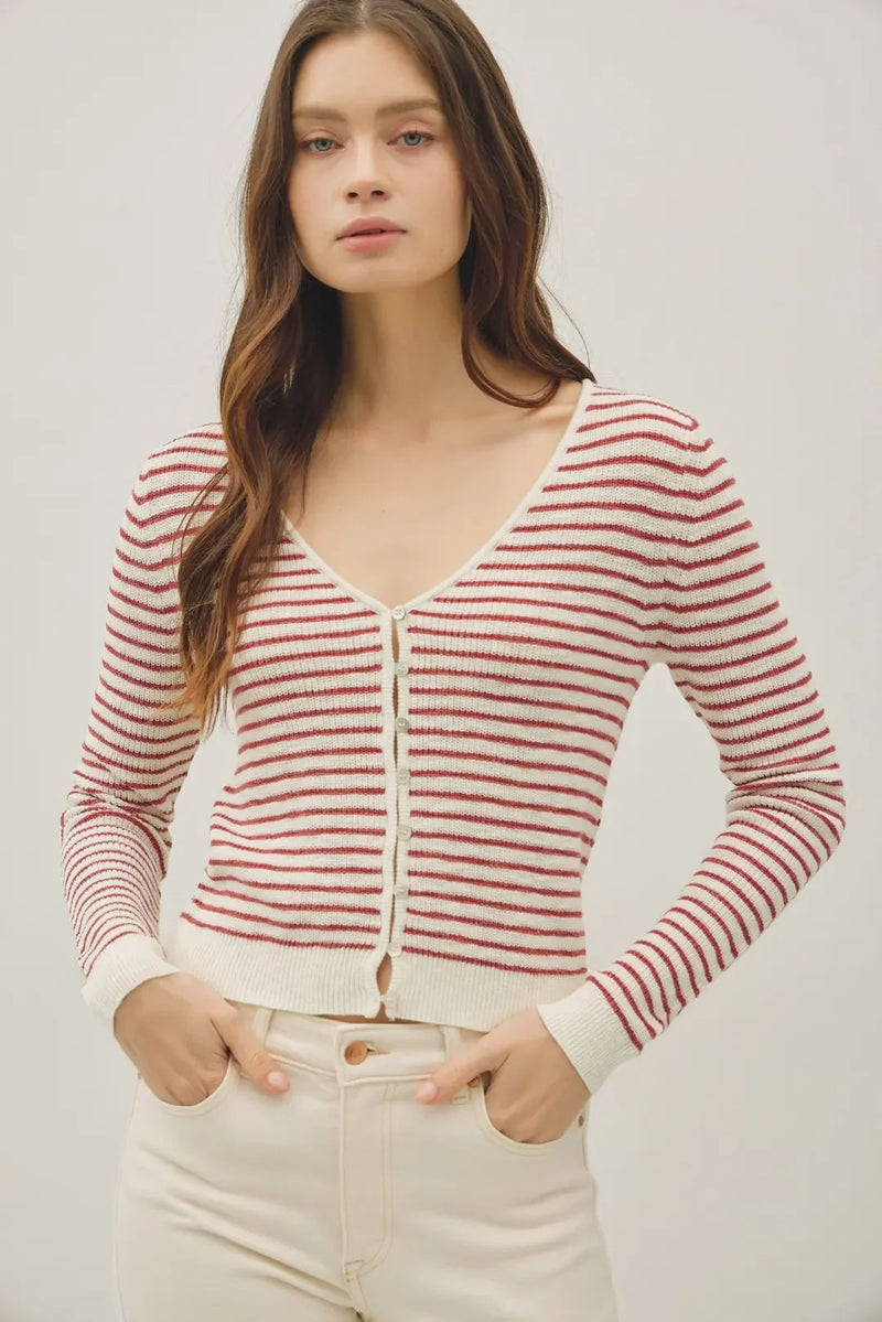 Stripe cropped v-neck cardigan in red and cream stripes