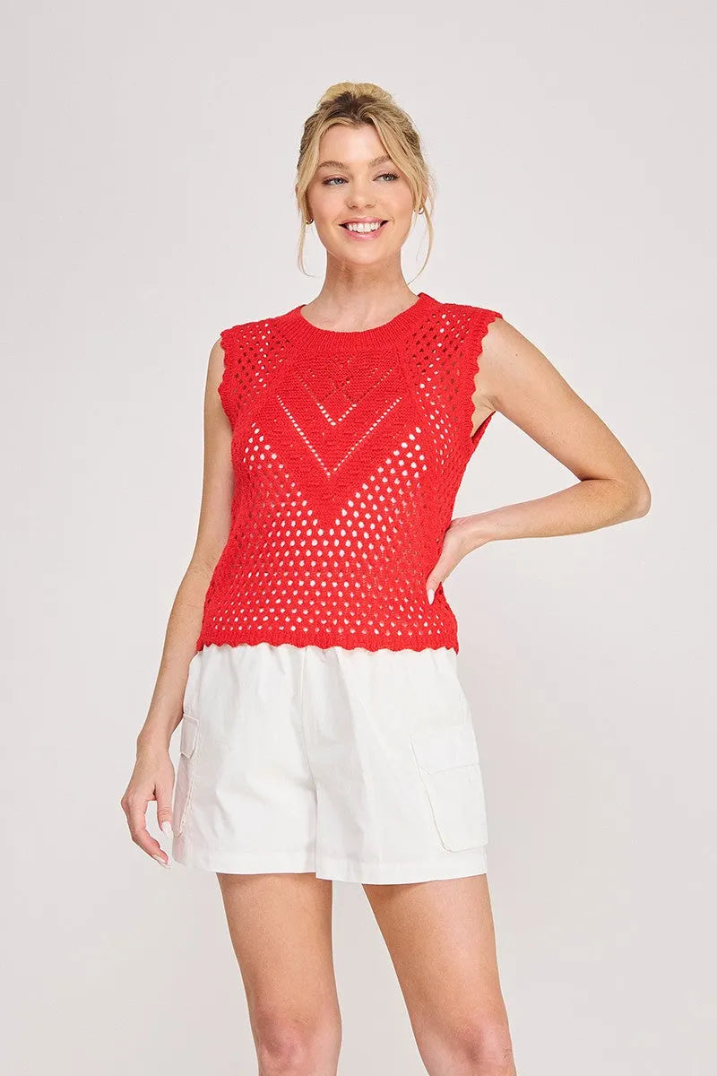 Red crochet scallop pointelle round sleeveless top with v-shaped pattern and scalloped hem