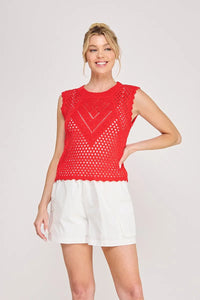 Red crochet scallop pointelle round sleeveless top with v-shaped pattern and scalloped hem