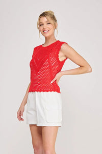 Red crochet sleeveless scallop pointelle round neck top with geometric pattern ideal for cream knit layering