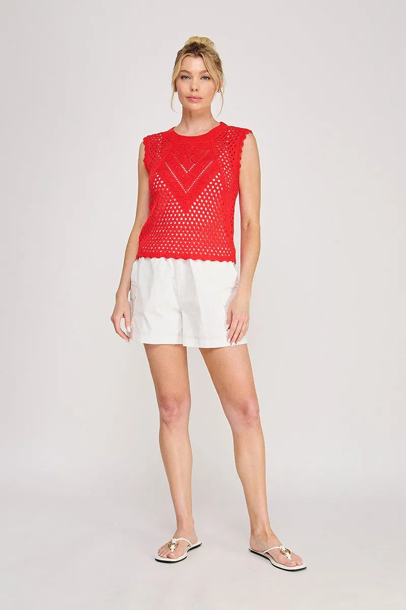 Red scallop pointelle round neck sleeveless crochet top with geometric pattern in lightweight knit fabric