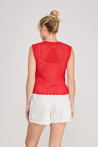 Red scallop pointelle round neck crochet sleeveless top with scalloped hem in lightweight cream knit fabric