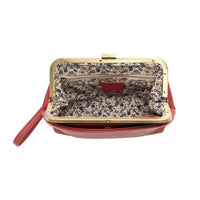 Red leather vivie kisslock convertible crossbody wristlet with gold-tone frame and floral-patterned interior lining