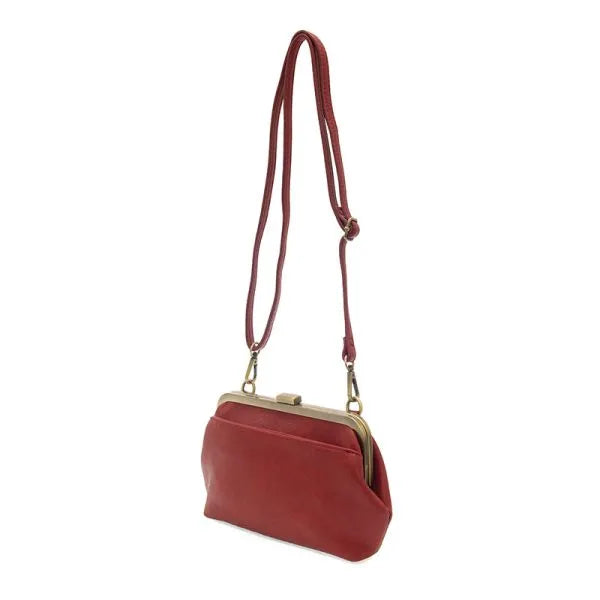 Red leather vivie kisslock convertible clutch with gold-toned frame and adjustable shoulder strap convertible crossbody wristlet