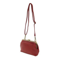 Red leather vivie kisslock convertible clutch with gold-toned frame and adjustable shoulder strap convertible crossbody wristlet