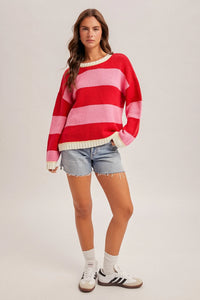 Crew neck relaxed oversized sweater in red pink stripes