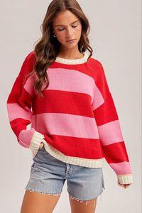 Crew neck relaxed oversized sweater in red pink stripes with cream trim