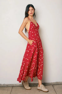 Red polka-dot maxi dress with thin straps and back cutout, womens boho chic clothing